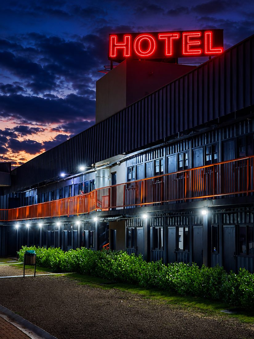 Village Hotel Container ao pôr do sol com letreiro aceso